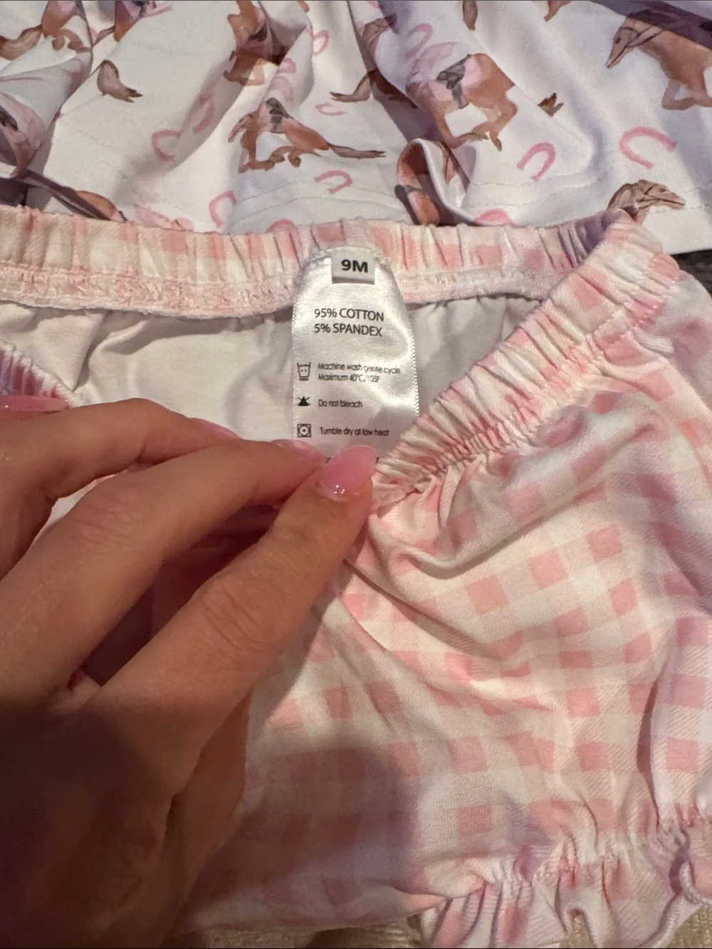 Girls' Pink Horse Print Matching Pajama Set with Gingham Shorts